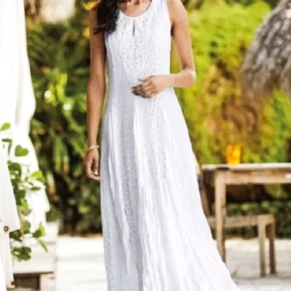 Chadwicks Godet White Lace, Sleeveless, Georgette Insets, Lace Appliqué at Neck